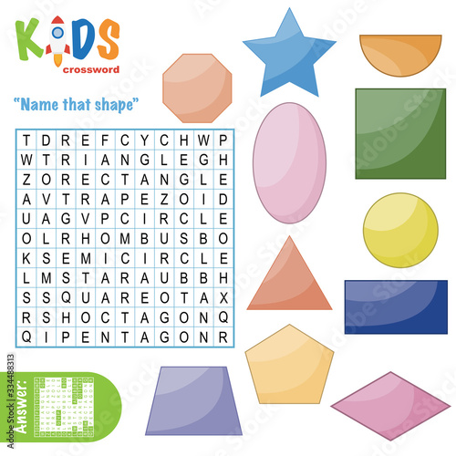 Easy word search crossword puzzle 'Name that shape', for children in elementary and middle school. Fun way to practice language comprehension and expand vocabulary. Includes answers.