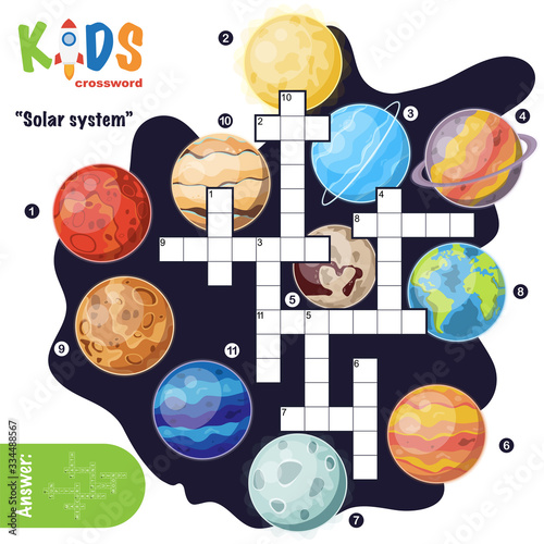 Easy crossword puzzle 'Solar system', for children in elementary and middle school. Fun way to practice language comprehension and expand vocabulary. Includes answers.