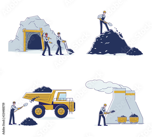 Concept Of Coal Mining. Work Crew Mine Coal By Means Equipment And Transport For Further Delivery To The Thermal Power Plant And Warehouse. Cartoon Linear Outline Flat Style. Vector Illustrations Set