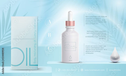 Vector 3D elegant cosmetic products background premium dropper for skin care products. Luxury fashion oil. Cosmetic ads flyer or banner design. Blue cosmetic cream template. Makeup products brand.