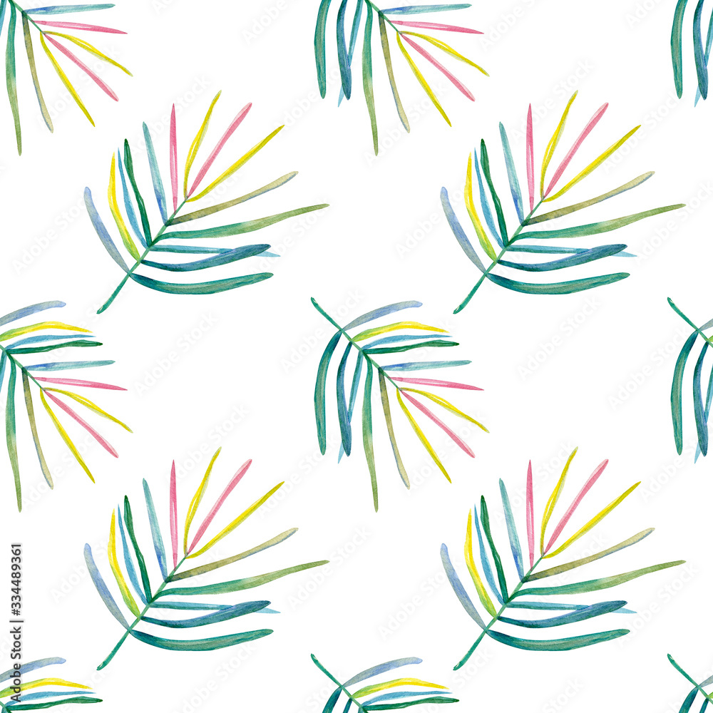 Exotic leaves, rainforest. Seamless, hand painted, watercolor pattern. Watercolor background. Hand painted. Watercolor pattern.