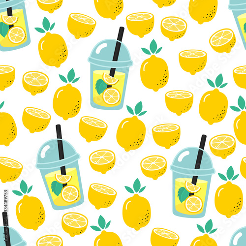 Lemonade plastic cup and lemons background. Seamless pattern. Lemons print.