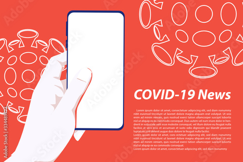 COVID 19 News hands holding smartphone on background,Vector illustration, flat style,concept,virus wuhan from china.