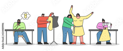 Concept Of Clothes Design. Characters Work In Handmade Fashion Atelier. Designers Make A Design Of Clothes, Measure Sizes, Sew Order On Sewing Machine. Cartoon Linear Outline Flat Vector Illustration
