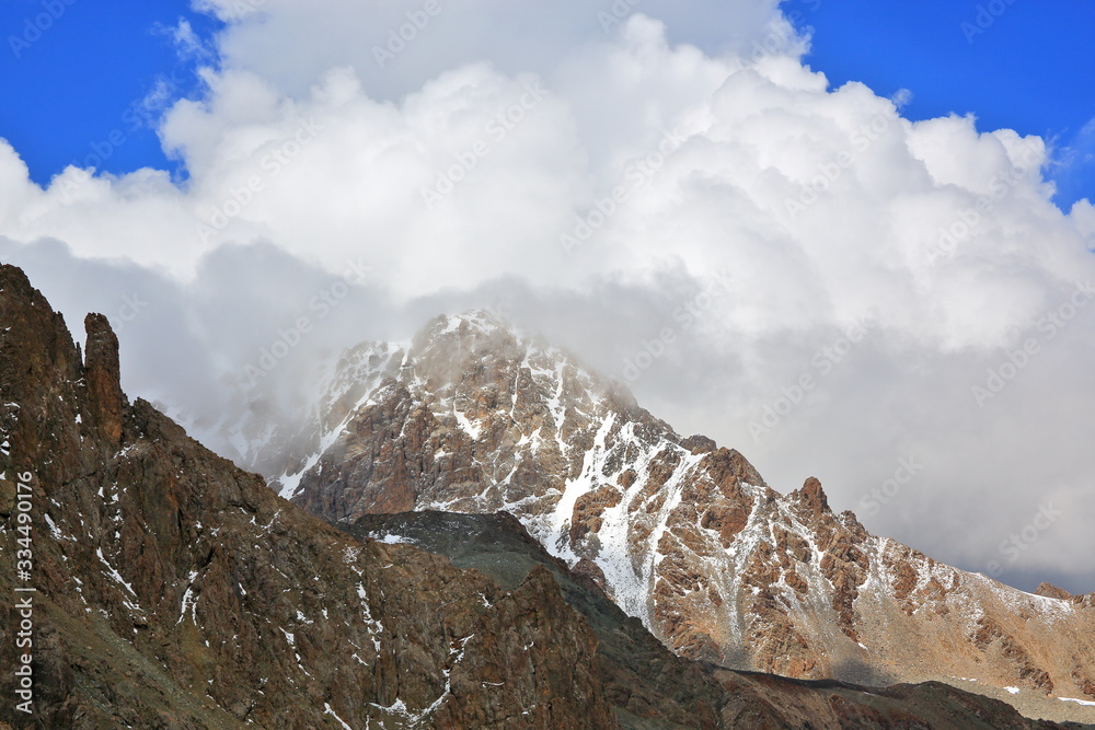 Mountain peaks and glaciers in Tian Shan mountain range in Kyrgyzstan Mountain peaks and glaciers in Tian Shan mountain range in Kyrgyzstan