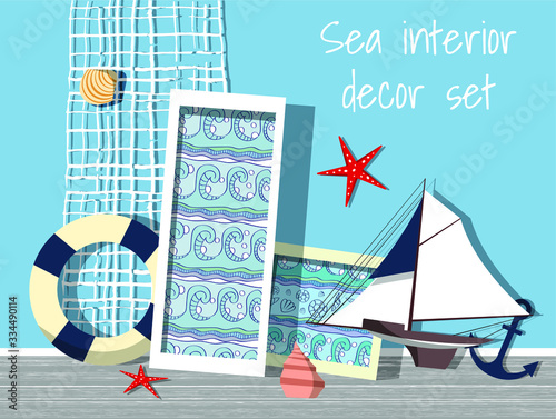 Vector set of sea style interior decor for hotel with shells, ship, sea star, life ring, wheel. Marine souvenier from vacation on ocean resort.