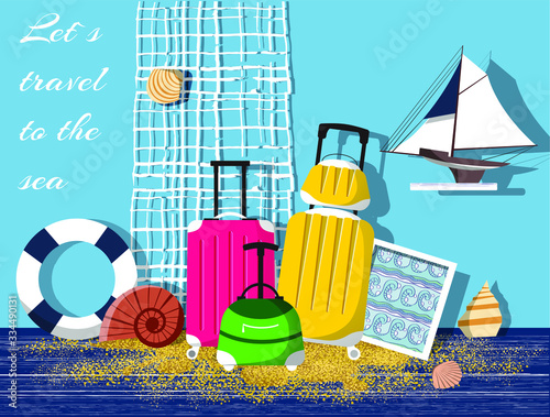 Vector illustration with luggage and souvenirs from ocean resort such as shells, picture, ship, lifebelt. Travel to sea coast.