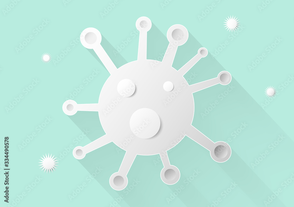 Paper cut white Covid-19 virus on mint background color. Pandemic germ. Vector Illustration.