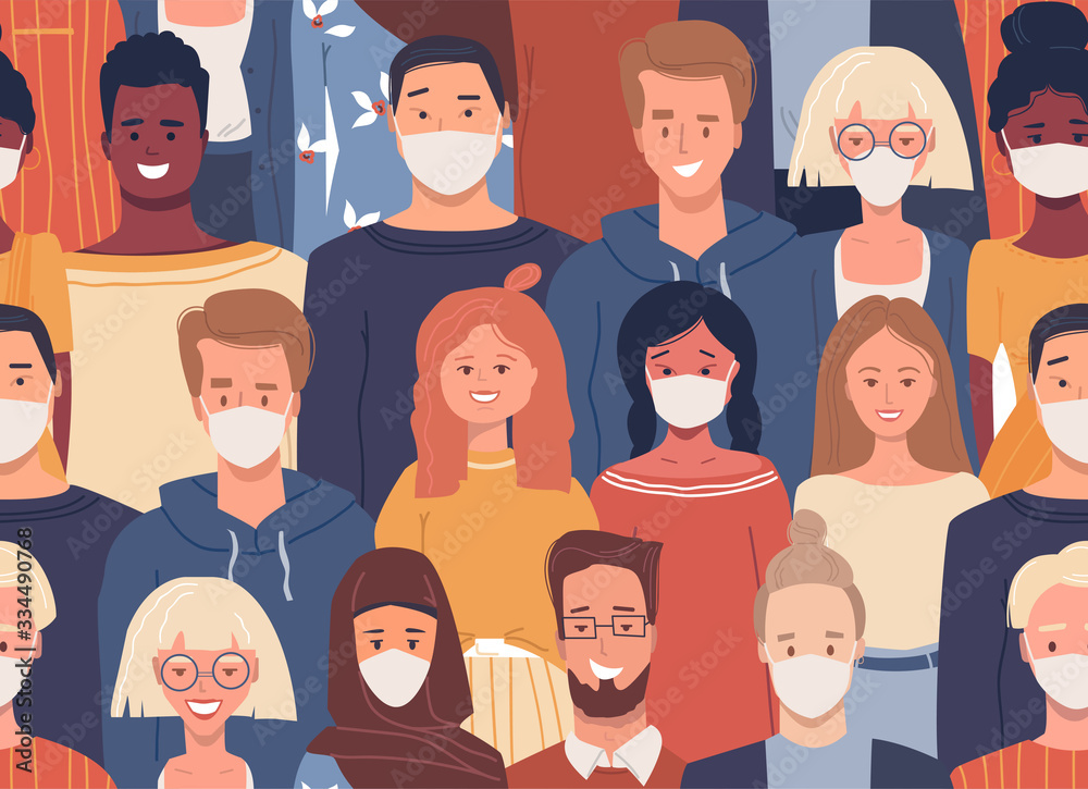 Vector seamless pattern in flat style with multiethnic group of people. People of different nationalities wearing white face medical masks against smog, air pollution in the city. Endless texture Vector seamless pattern in flat style with multiethnic group of people. People of different nationalities wearing white face medical masks against smog, air pollution in the city. Endless texture