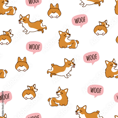 Corgi dog Puppy. Paw. Seamless pattern on pink. Vector