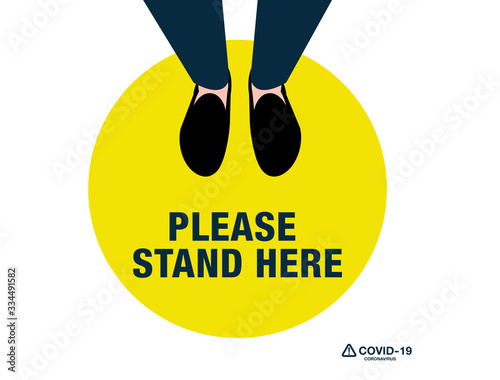 COVID-19 Coronavirus message asking supermarket customer to stand in space. Top view with text in public space practicing social distancing. Blackboard sign or symbol
