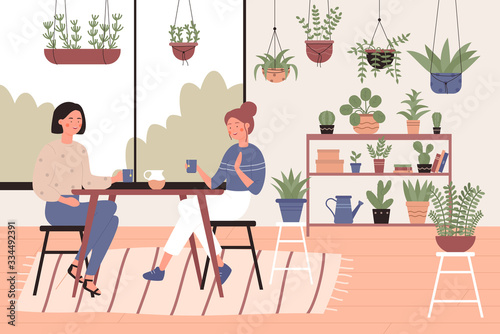 Two pretty women drink tea sitting in eco cafe orangery flat vector illustration concept. Friendly home atmosphere, big window, many plants in spot, cottonwool surroundings, healthy food and beverage