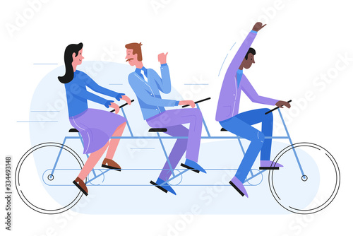 Three places bicycle tandem as teamwork symbol flat character vector illustration concept