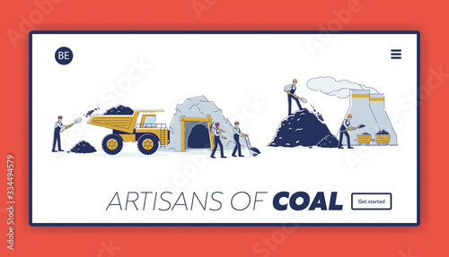 Website Landing Page. Work Crew Is Mining Coal Together By Means Equipment And Transport For The Further Delivery To The Thermal Power Plant. Web Page Cartoon Linear Outline Flat Vector Illustration