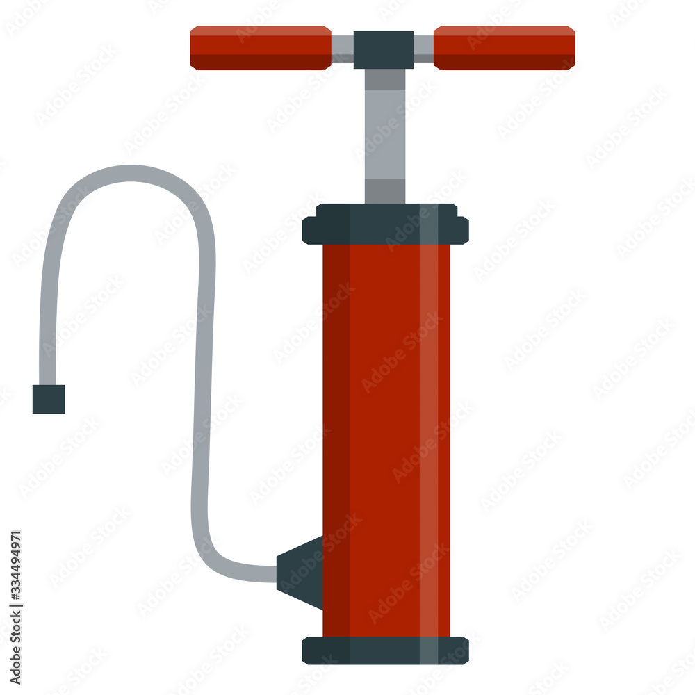 Red pump with handle and hose. Machine tool and Air pressure on white background. Cartoon flat illustration isolated on white background Red pump with handle and hose. Machine tool and Air pressure on white background. Cartoon flat illustration isolated on white background