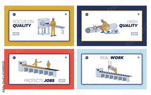 Metallurgical Industry Concept. Website Landing Page. Characters Work At Metallurgical Plant, Control Processes Of Manufacturing Metal. Web Page Cartoon Linear Outline Flat Vector Illustrations Set