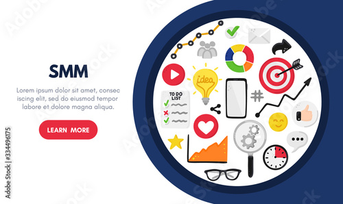 Vector background with smm elements. Social Media Marketing. Reach and promotion among target audience. Landing page, banner, mailing, presentation, header. Advertising for marketers, digital agency