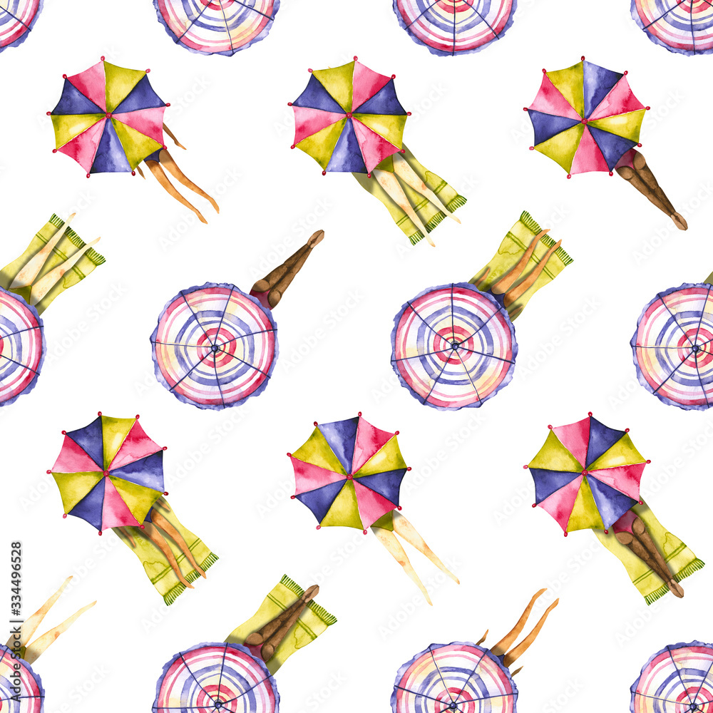 Seamless pattern with watercolor vacation girls. Hand drawn ...