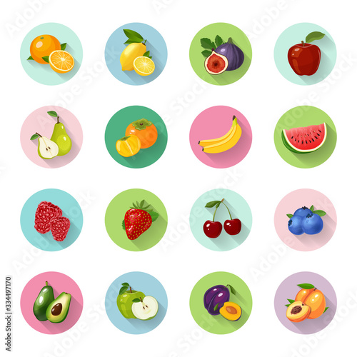 Set of round flat fruits icons. Oranges  lemon  figs  apple  pear  persimmon  banana  watermelon  raspberry  strawberry  cherry  blueberry  avocado  plum  peach