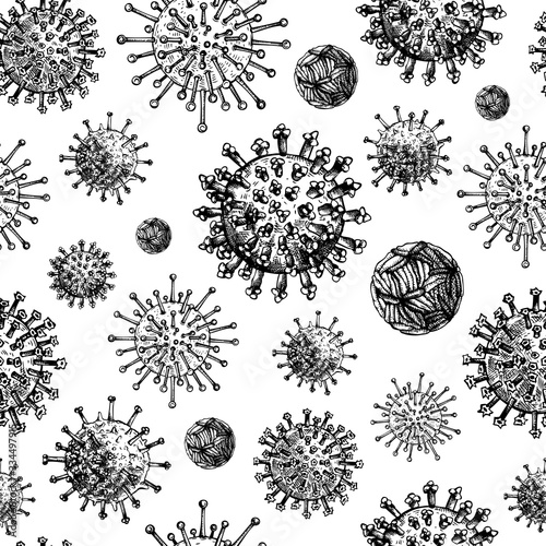 Corona virus COVID-19 seamless pattern. Different kinds of viruses. Biology organisms backdrop in collage style. Respiratory virus infection background. Hand drawn coronavirus illustration.