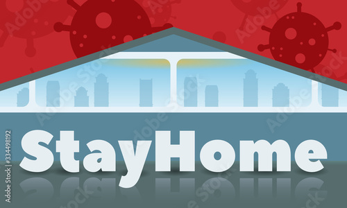 Covid-19 coronavirus quarantine campaign of stay at home flat design. Stay at home slogan. Protection campaign or measure from coronavirus, COVID--19. Stay home quote text, hash tag or hashtag