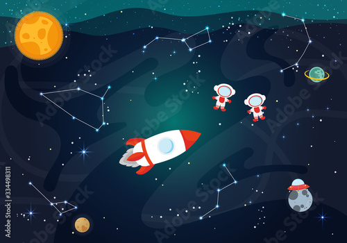 Vector Illustration Of Space. Space flat vector background with rocket, spaceship, moon, Jupiter, satellite, astronaut, planets and stars.