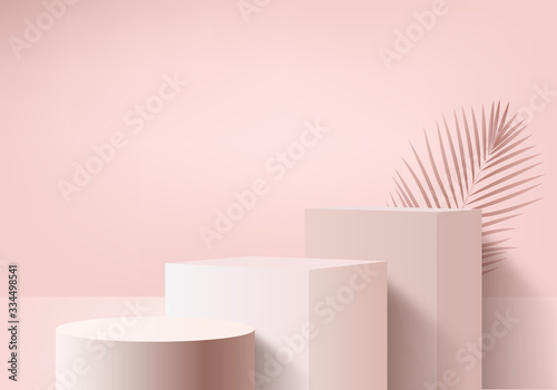 Background vector 3d pink rendering with podium and minimal pink wall scene, minimal abstract background 3d rendering abstract geometric shape pink pastel color. Stage for awards on website in modern.