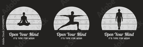 People doing yoga. Yogi silhouettes. Black white retro vector set