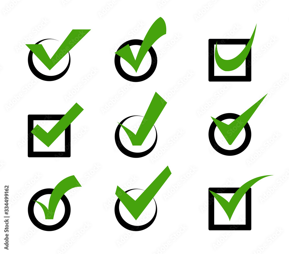 Check mark icons in circles and squares. Vote mark web sign icon symbol flag icons choose yes symbol and correct design button agreement vote button