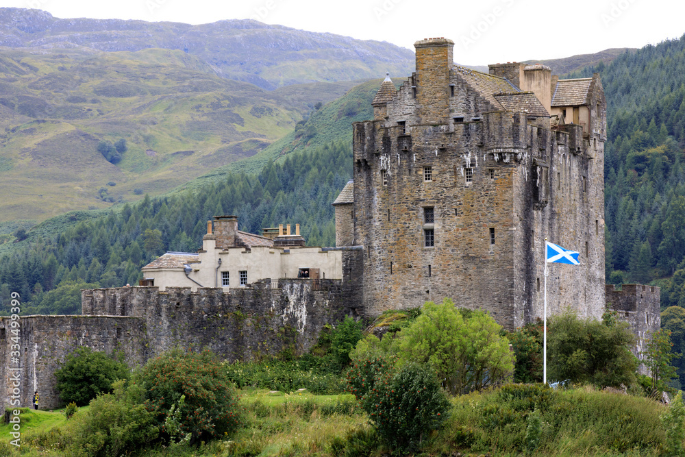 Dornie - Scotland, UK - August 13, 2018: Eilean Donan Castle, Dornie, Scotland, Highlands, United Kingdom