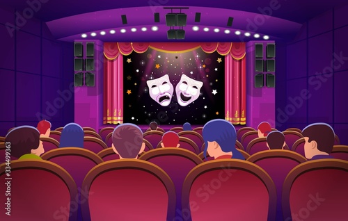 A theater stage with a red open curtain and red seats with people and comedy and tragedy theatre masks. Vector template illustration