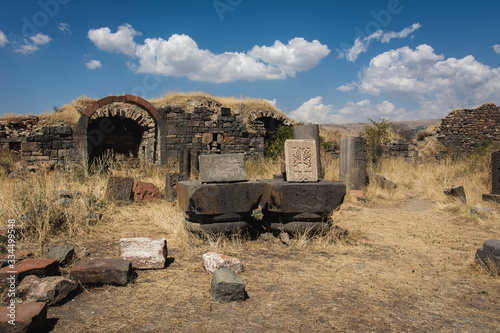 Havuts Tar monastery ruins with old khachkar - armenian cross-stone