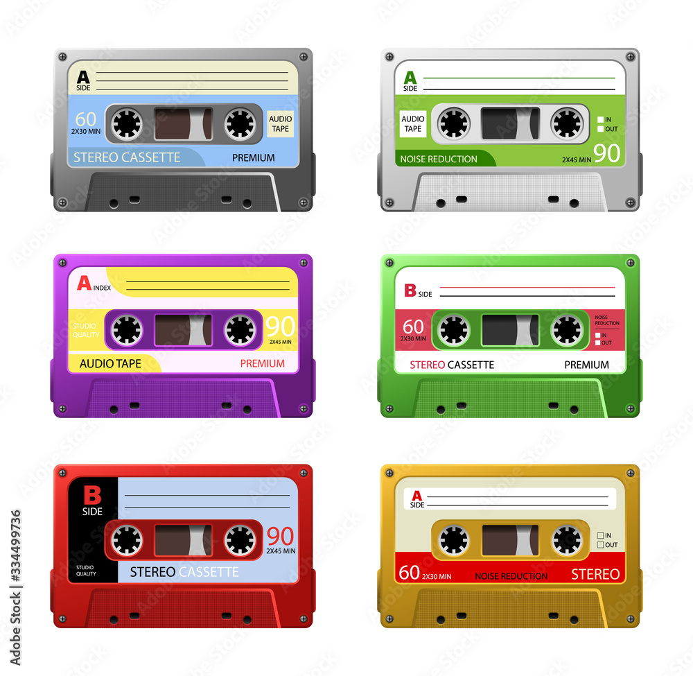 Collection of vintage plastic audio cassette tape.  Retro mixtape, 1980s pop songs tapes and stereo music cassettes.