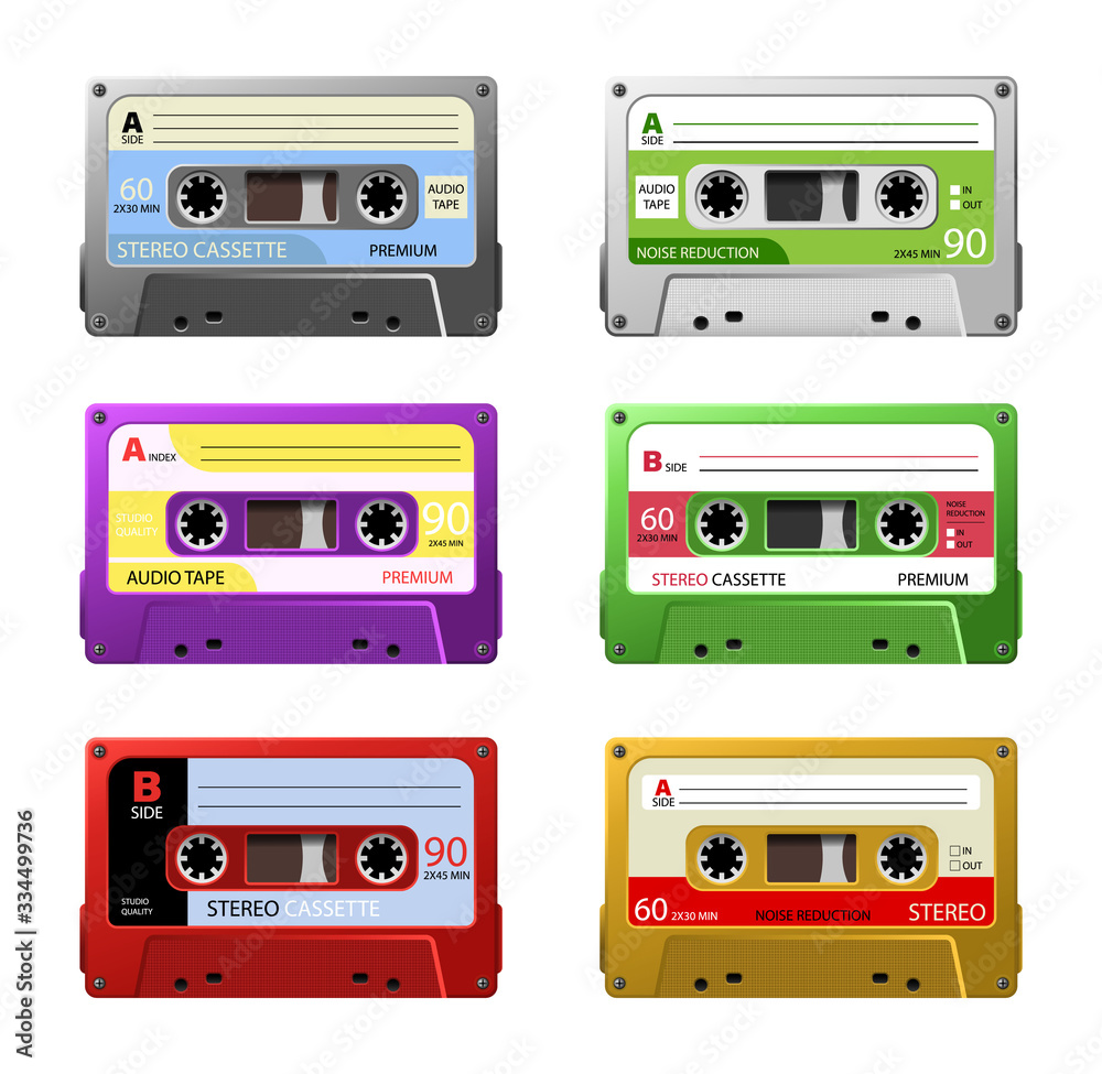 Fototapeta premium Collection of vintage plastic audio cassette tape. Retro mixtape, 1980s pop songs tapes and stereo music cassettes.