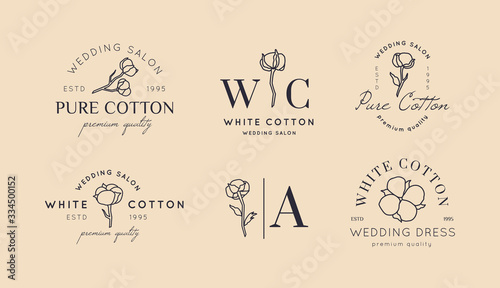 Set Wedding logos in minimal trendy style. Liner floral labels and badges - Vector Icon, Tag with Cotton Flower
