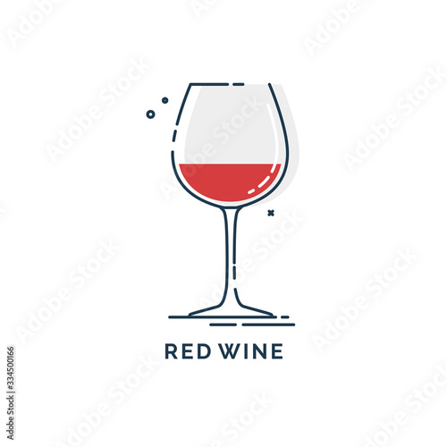Glass red wine line art in flat style. Restaurant alcoholic illustration for celebration design. Design contour element. Beverage outline icon. Isolated on white background in graphic style