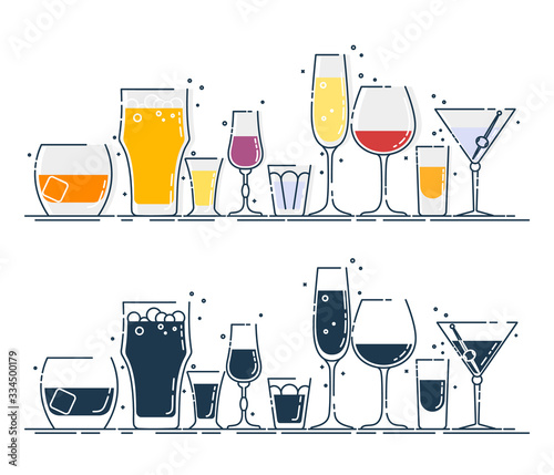 Collection glassware alcoholic drinks. Alcohol glass stand in row. Illustration isolated. Flat design style with color fill. Beer champagne wine whiskey liquor vodka martini whiskey rum tequila