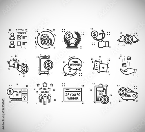 Sports betting icons. Winner Icons. Put chips, play dice, place bets online. Symbols of peoples victory and sports betting. Vector illustration EPS10