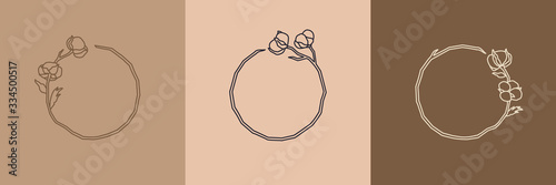 Set of round wreaths with cotton flowers in a minimal linear style. Frame with copy space. Vector Logo