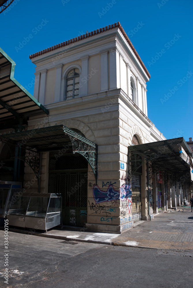 Ermou Street, Athens, Greece, April 2020: Neoclassical architecture in Athens