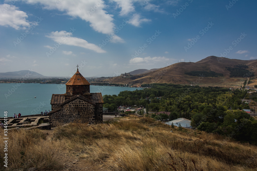 Old Sevanavank monastery top view with Sevan lake in sunny day, Armenia