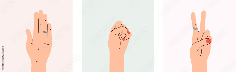 Woman's hand collection poster. Vector Illustration of female hands of different gestures. trendy minimalist style. Logo design, hand cream, nail Studio, posters, cards. Woman's hand collection poster. Vector Illustration of female hands of different gestures. trendy minimalist style. Logo design, hand cream, nail Studio, posters, cards.