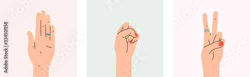 Woman's hand collection poster. Vector Illustration of female hands of different gestures. trendy minimalist style. Logo design, hand cream, nail Studio, posters, cards.