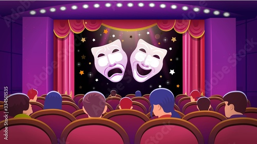 A theater stage with a red open curtain and red seats with people and comedy and tragedy theatre masks. Vector template illustration