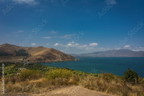 Sevan lake with blue water biggest lake in Armenia shot from Sevanavank monastery