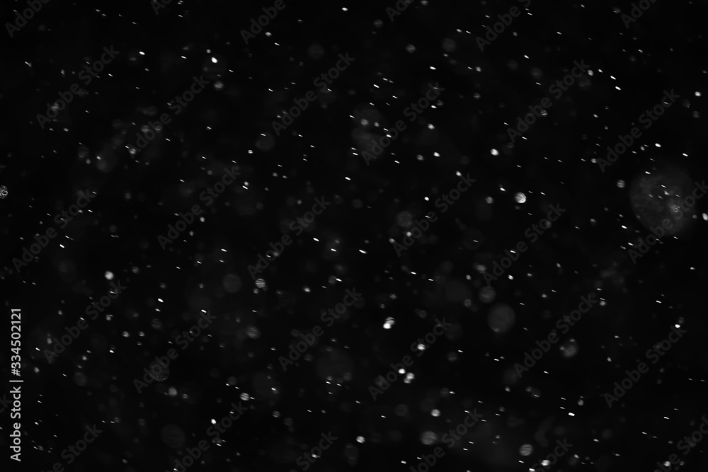 Fototapeta premium snow black background abstract texture, snowflakes falling in the sky overlay