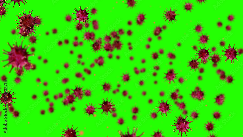 3D rendering, red coronavirus cells covid-19 influenza flowing on background with chroma key green screen as dangerous flu strain cases as a pandemic medical health risk 3D rendering, red coronavirus cells covid-19 influenza flowing on background with chroma key green screen as dangerous flu strain cases as a pandemic medical health risk