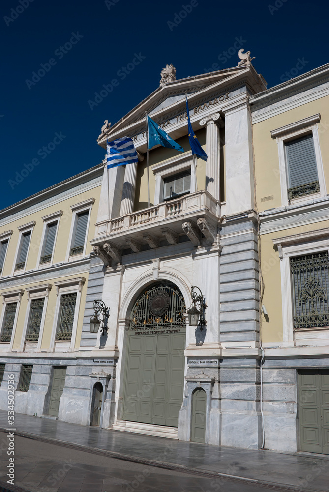 The building of the National Bank of Greece, Athens, Greece, April 2020: Neoclassical landmark building in Athens