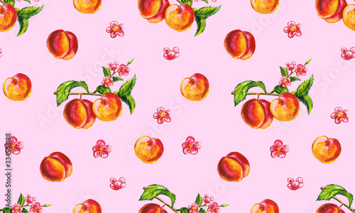 Hand drawn bright watercolor fruit seamless pattern. Food illustration with lemon  banana  avocado  peach