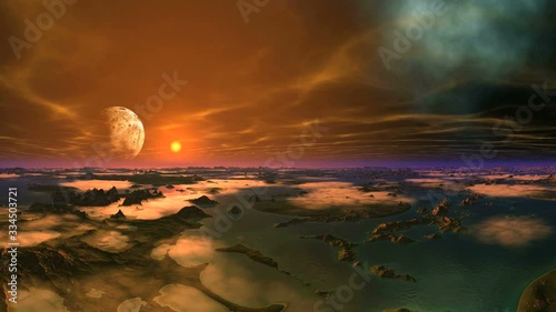 Alien Planet Landscape. Rocky mountains stand among the water. Above them are low orange clouds. In the dark starry sky the moon, bright sun and nebula. Slowly floating clouds.
